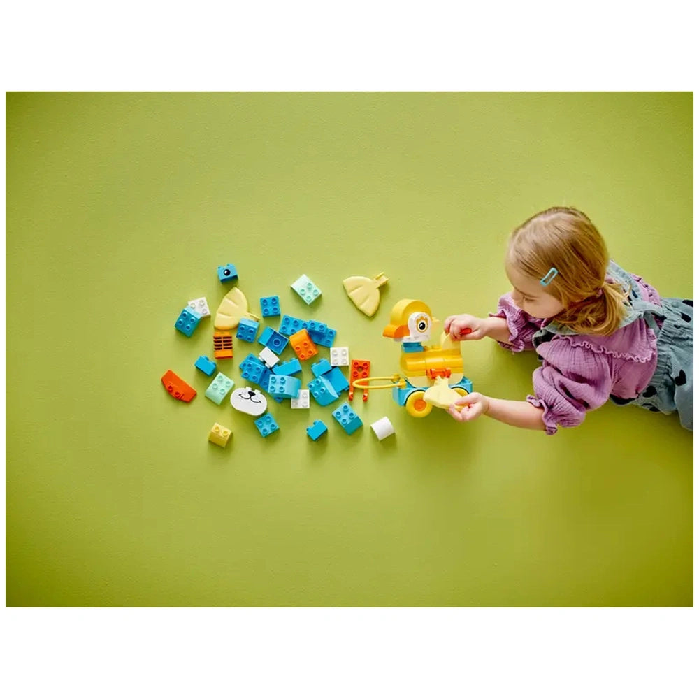 LEGO - 3in1 Animals on Wheels set scattered on green surface as a young girl in a purple top plays with colorful bricks.