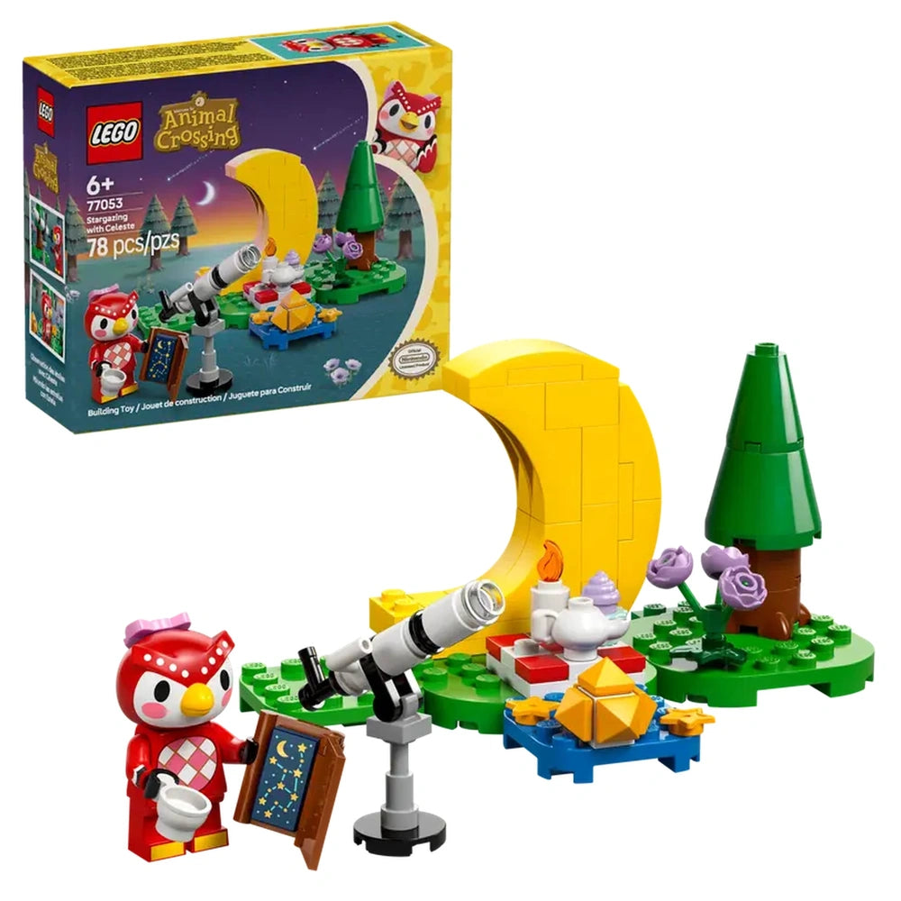 LEGO Animal Crossing set features a vibrant scene with a telescope, moon, bird, and tree for stargazing adventures.