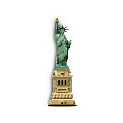 Lego Statue of Liberty model made of interlocking bricks, showcasing green patina and detailed features like the torch and cr