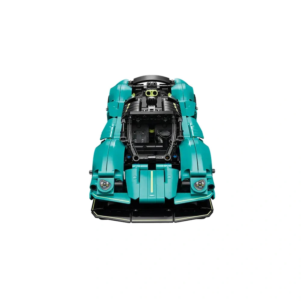 LEGO Aston Martin Valkyrie construction set features blue and black components with shiny metallic and matte plastic surfaces