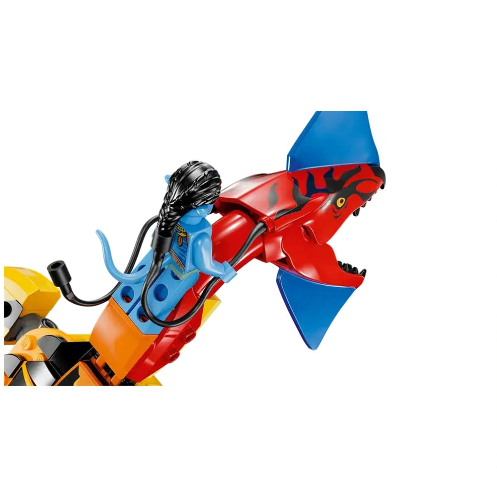 Neytiri minifigure in a blue outfit, riding a vibrant red and blue Toruk figure, highlighting intricate details and dynamic pose.