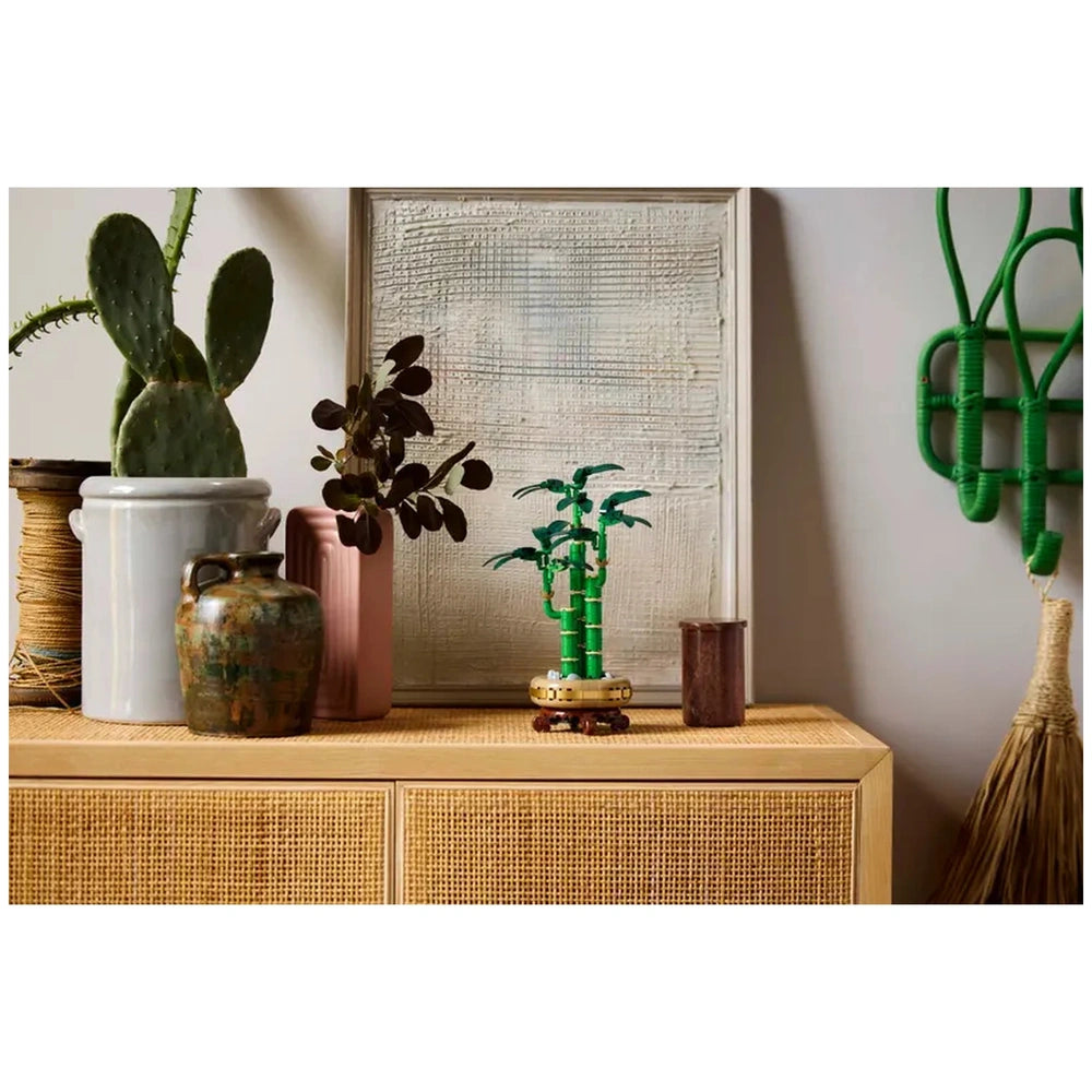 LEGO Botanicals Lucky Bamboo set featuring three green bamboo stems and delicate leaves in a decorative pot on a textured surface.