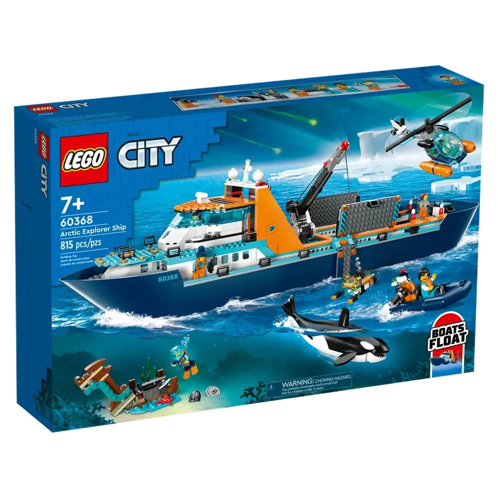 LEGO City Arctic Explorer Ship construction set featuring a blue and orange exploration ship, helicopter, and submarine, with various minifigures, including an orca and divers, against a vibrant ocean backdrop.