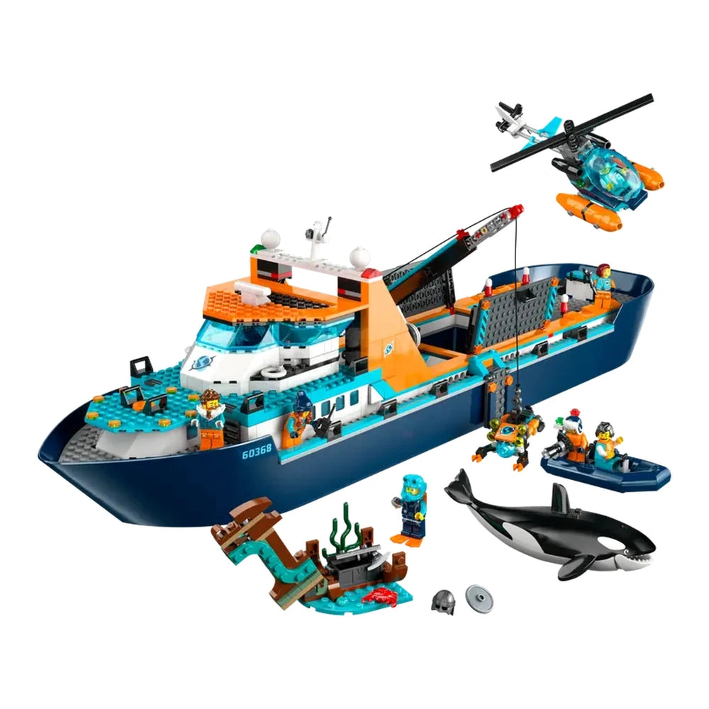LEGO® City Arctic Explorer Ship construction set featuring a floatable ship, helicopter, dinghy, seven minifigures, and a whale.