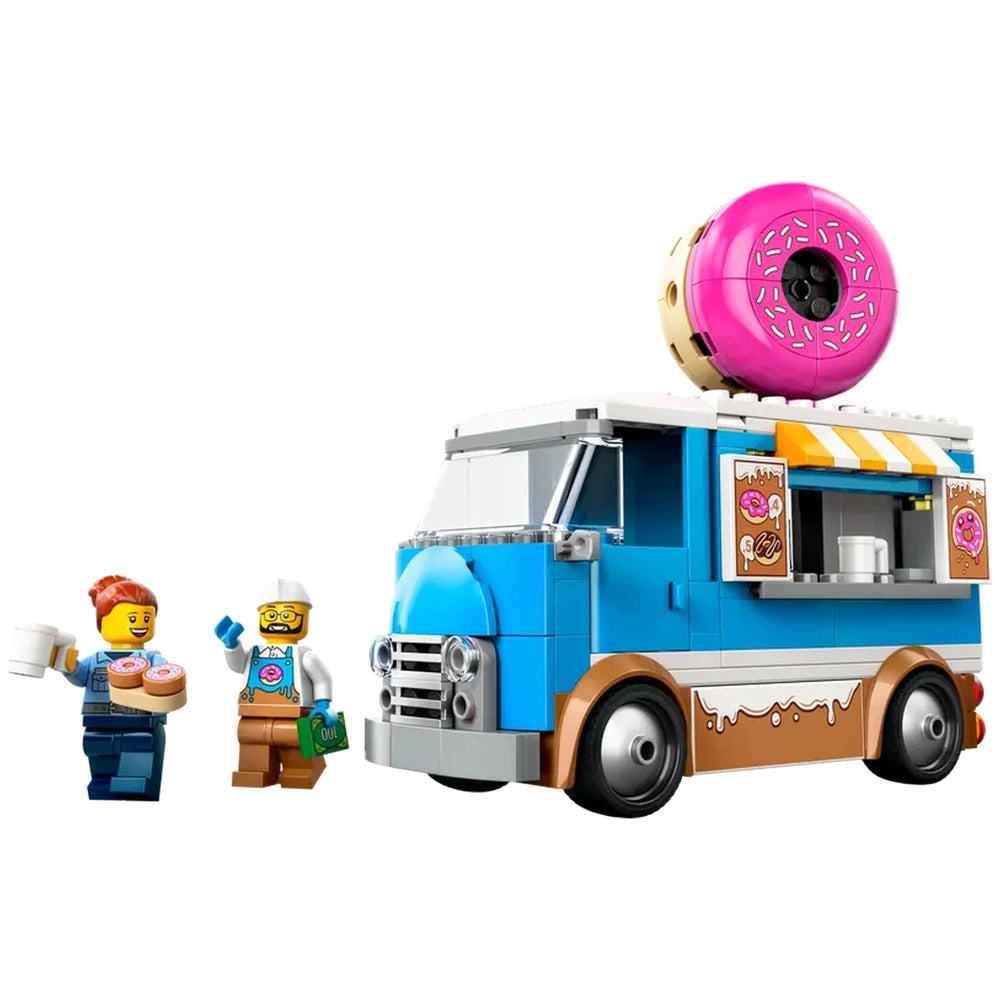 Colorful LEGO City Donut Truck with a large pink donut on top, featuring two minifigures: one holding donuts and the other a beverage.