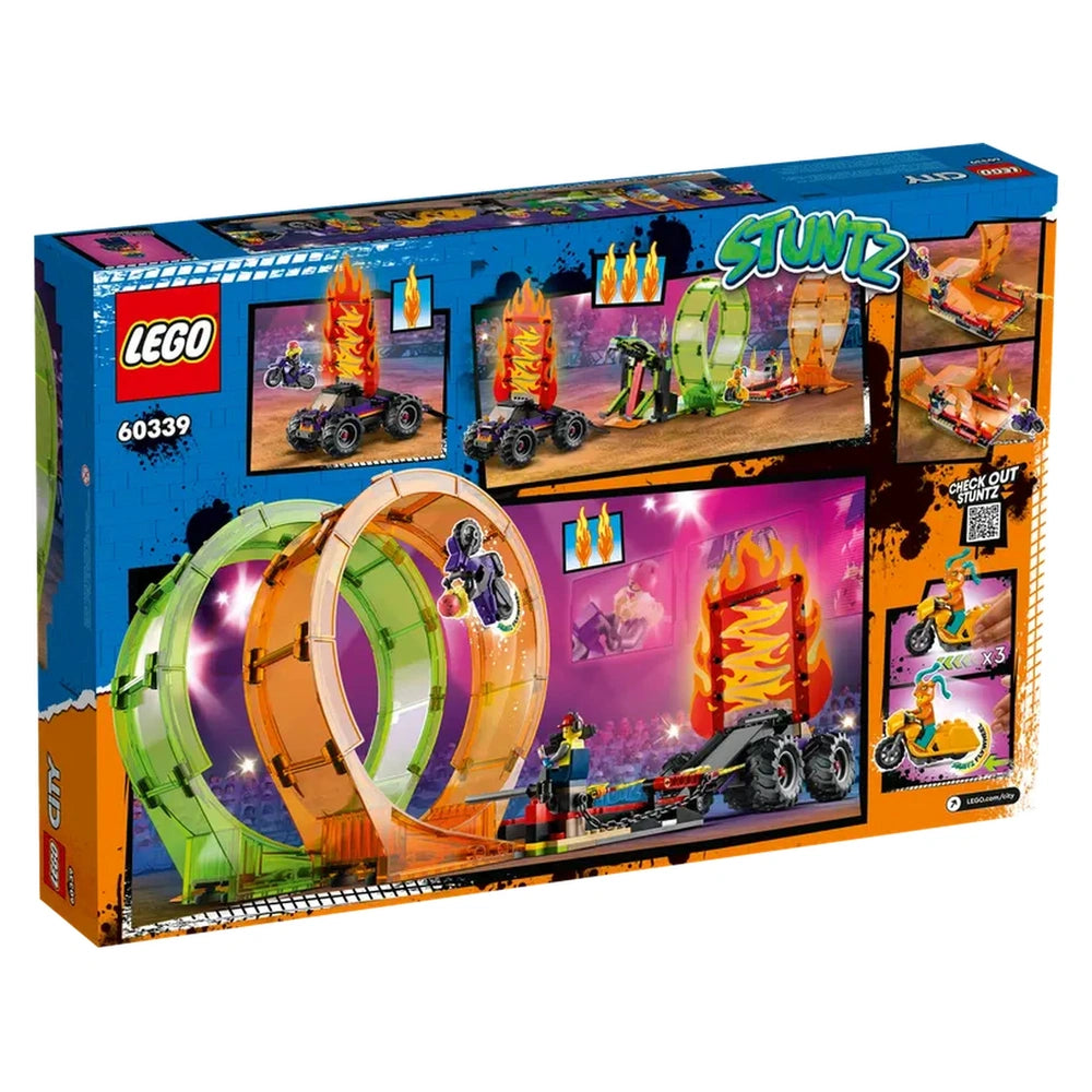 LEGO City Double Loop Stunt Arena set featuring vibrant colors, two stunt loops, and a monster truck with flames and minifigures.