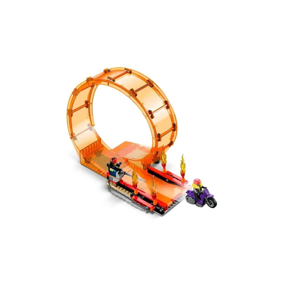 LEGO® City Double Loop Stunt Arena featuring a large orange stunt loop, two race tracks with flame props, and minifigures on bikes.