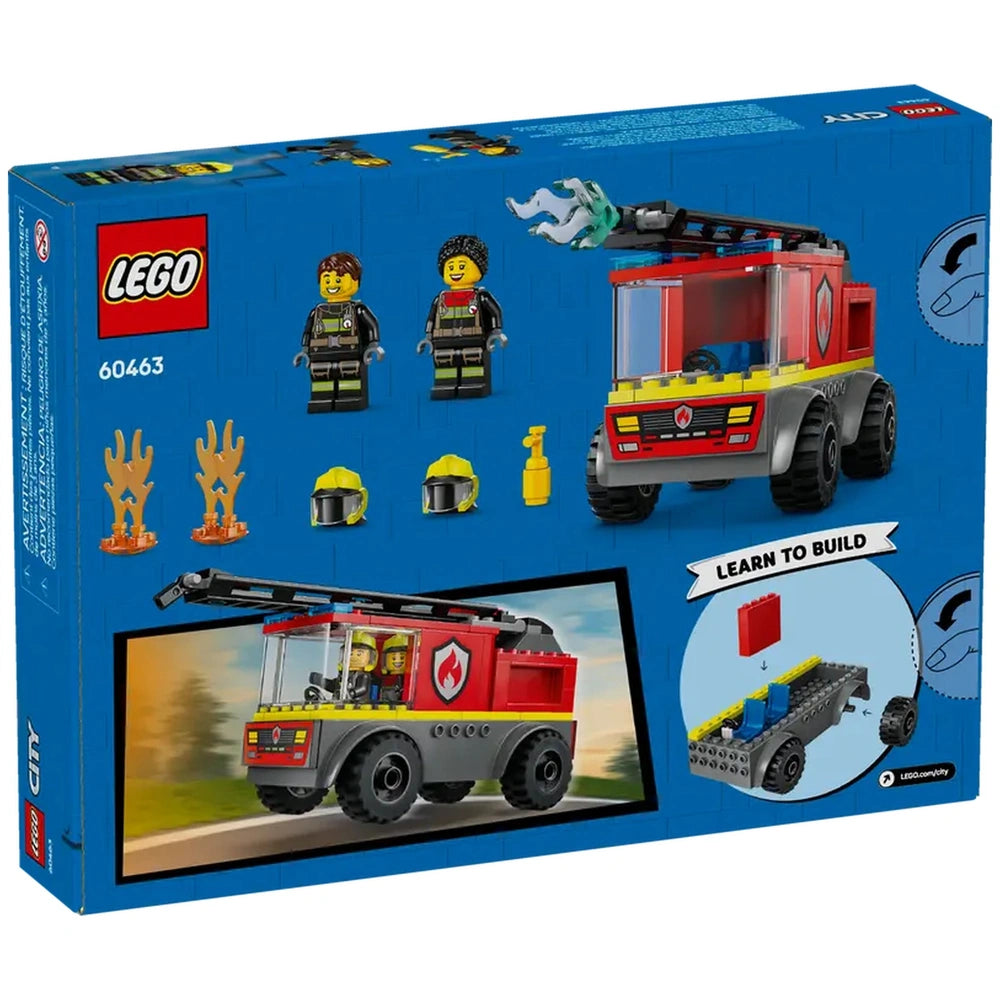 LEGO City Fire Ladder Truck set with two firefighter minifigures, flames, a toy extinguisher, and a vibrant red fire truck design.