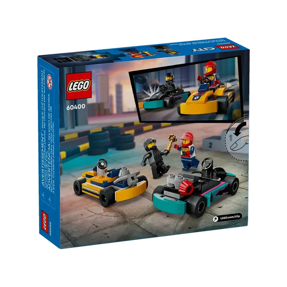 LEGO® City Go-Karts set featuring two mini go-karts, one orange and one turquoise, with two race driver minifigures in a vibrant racing setting.