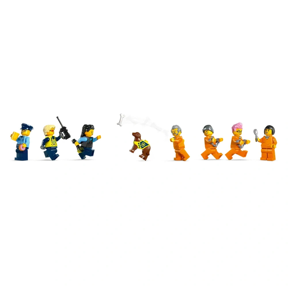 LEGO® minifigures from the City Police Prison Island set, featuring officers in blue uniforms chasing orange-clad prisoners. A playful dog with a green vest carries a bone, amidst a backdrop of white.