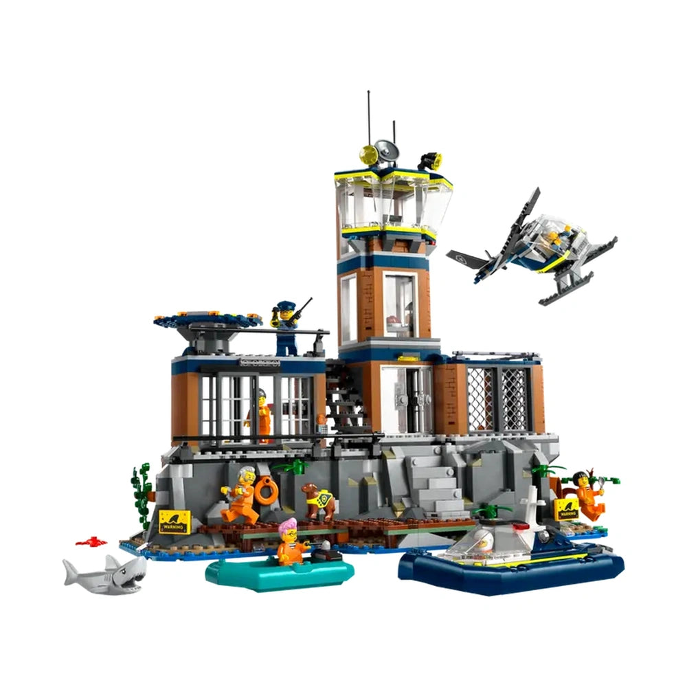 LEGO® City Police Prison Island construction set features a detailed cliffside prison with a control room, break room, and escape hatch. Minifigures include police officers and prisoners, with scenes of action as a helicopter flies above.