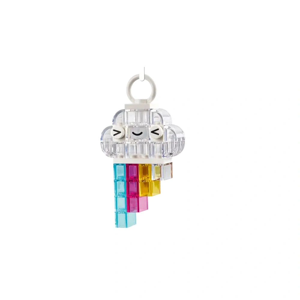 Colorful LEGO® bricks shaped like a smiling cloud with a cascading rainbow of transparent pieces in blue, pink, and yellow.