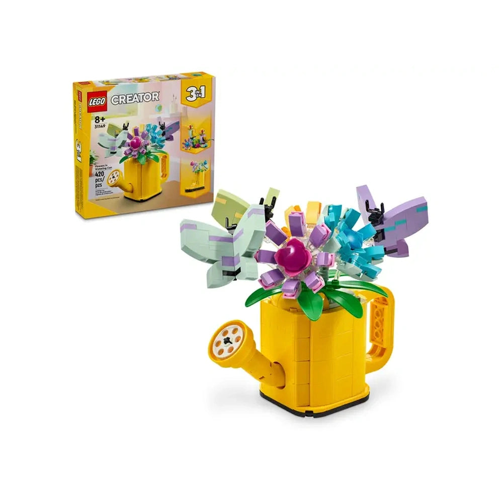 Colorful LEGO® Creator 3in1 construction set featuring a yellow watering can filled with vibrant flowers and butterflies, designed for imaginative play.