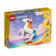 LEGO Creator Magical Unicorn construction set featuring a white unicorn with a golden horn and colorful mane, displayed on a rainbow stand.