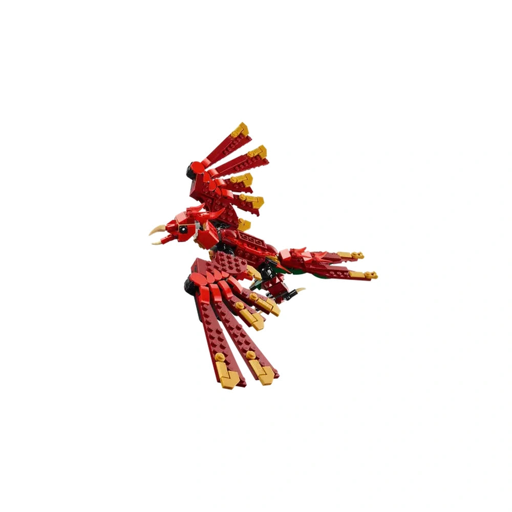 Red LEGO® Creator phoenix figure with golden accents, featuring detailed wings and an expressive beak, posed mid-flight.