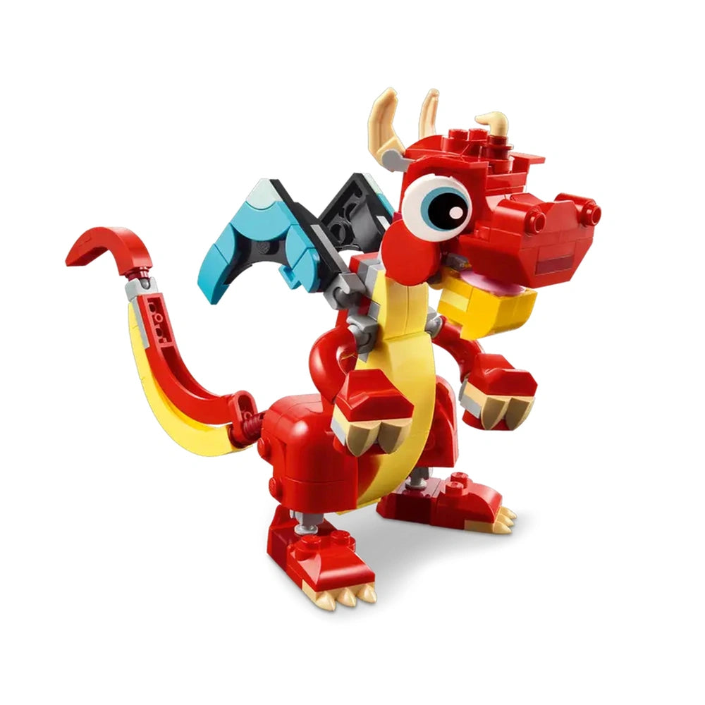 Friendly red LEGO dragon, featuring a vibrant red body, yellow belly, big expressive eyes, and blue wings.