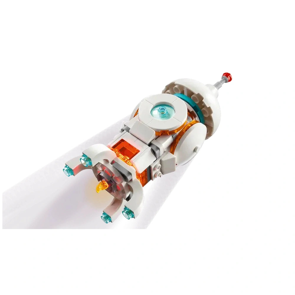 Colorful LEGO® Creator 3in1 Space Robot with a dynamic design, featuring moving tracks, a jetpack, and a light-up chest.