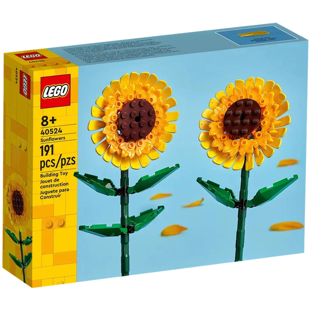 LEGO Creator Sunflowers set 40524 featuring two vibrant yellow sunflowers with brown centers and green stems against a light blue background.