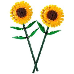 Two colorful LEGO sunflower blooms with bright yellow petals, brown centers, and adjustable green stems and leaves.