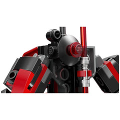 Darth Maul Mech from LEGO, showcasing intricate design with red and black block components, featuring a red Lightsaber and detailed mechanical parts.
