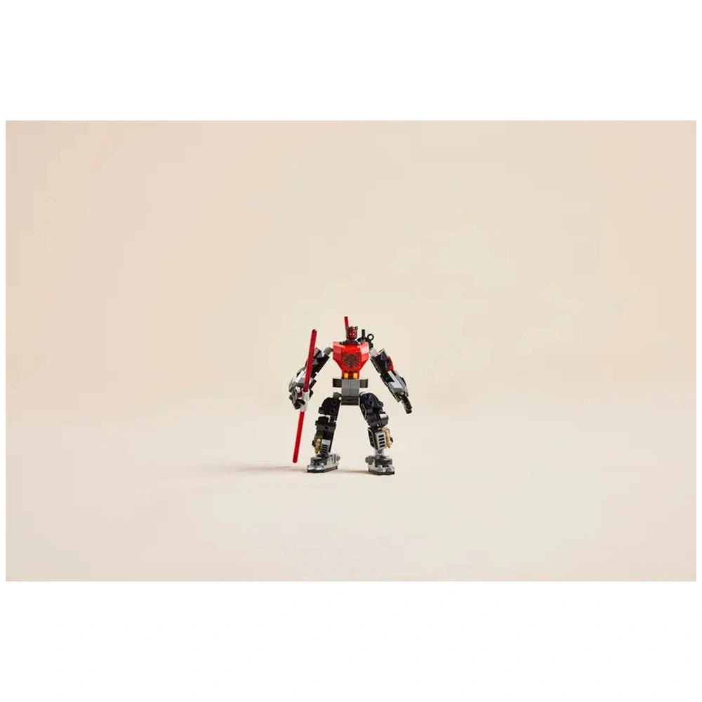 Darth Maul Mech from LEGO, standing over 5 inches tall with posable limbs and a red Lightsaber, on a neutral background.