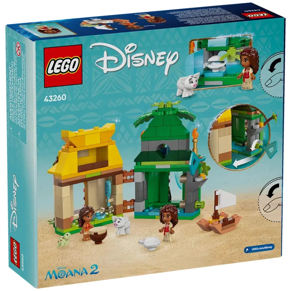 LEGO Disney Moana’s Island Fun set featuring Moana and her sister Simea as micro-doll figures, with vibrant island houses and Pua the pig.