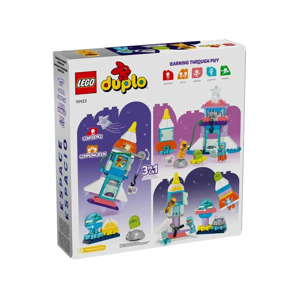 LEGO® DUPLO® 3in1 Space Shuttle Adventure set packaging, showcasing a colorful rocket, astronaut figures, and an alien, emphasizing creative play.