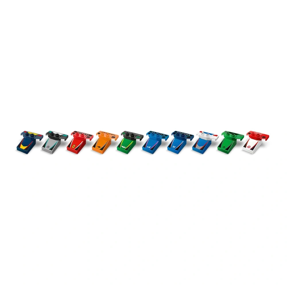 Ten colorful Lego Duplo race cars lined up in a row, featuring various designs and team colors. Each car is uniquely shaped, showcasing vibrant hues of red, blue, green, orange, and silver, with distinct racing elements like spoilers and decals. The arrangement emphasizes playfulness and encourages imaginative racing experiences.