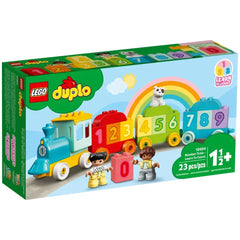 Colorful LEGO® DUPLO® Number Train set with 23 pieces, featuring a blue train, number bricks, and figures of a boy and girl.