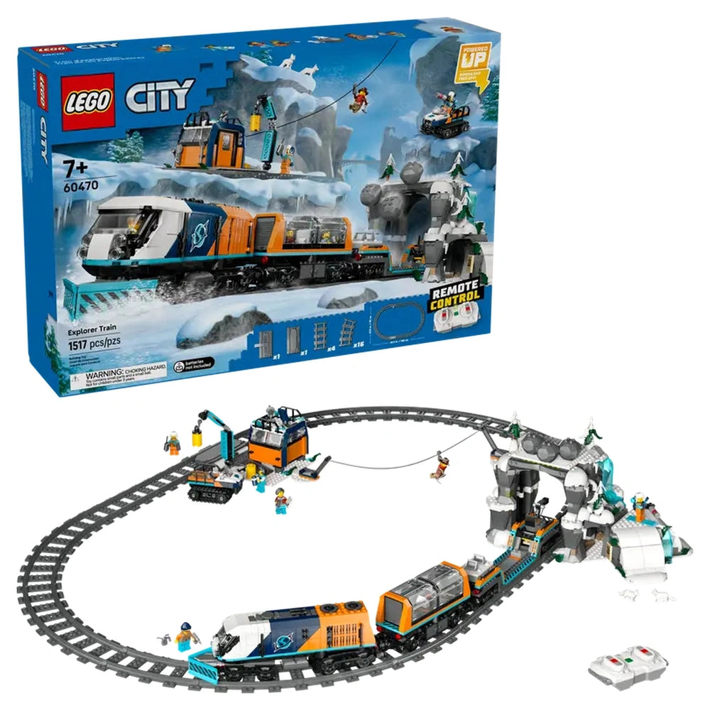 LEGO® Explorers’ Arctic Polar Express Train construction set with remote-controlled locomotive, snowplow, and toy mountain tunnel, set against a snowy backdrop.