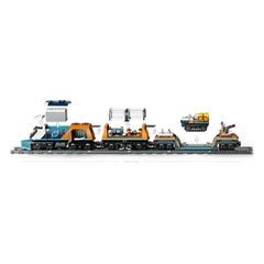 LEGO® Explorers' Arctic Polar Express Train set featuring a blue and orange locomotive, two passenger cars, a flatcar, and a snow tractor on tracks.