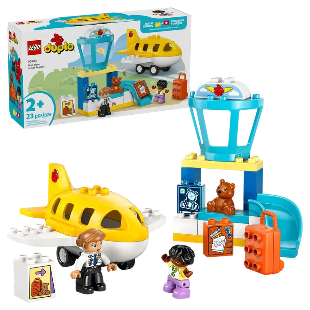 LEGO DUPLO First Time at the Airport set featuring a yellow airplane, two mini figures, a blue control tower, and various colorful accessories.