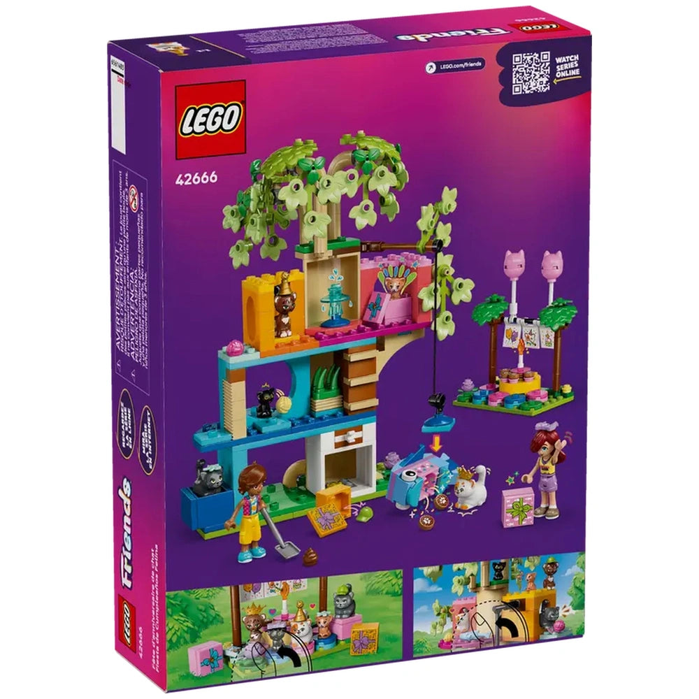 LEGO Friends Cat Birthday Party set featuring a colorful tree house with two minidolls, five cat figures, gifts, and balloons.