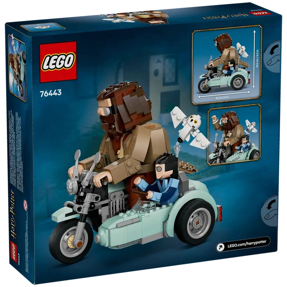 Hagrid and Harry Potter sit on a detailed blue motorcycle with a sidecar. Hedwig flies nearby. The box features vibrant colors and illustrations showcasing play features and dimensions.