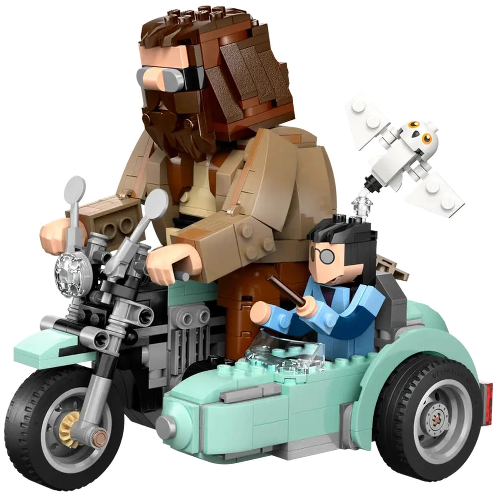 Hagrid and Harry Potter figures riding a blue motorcycle with a sidecar, featuring the owl Hedwig perched above.