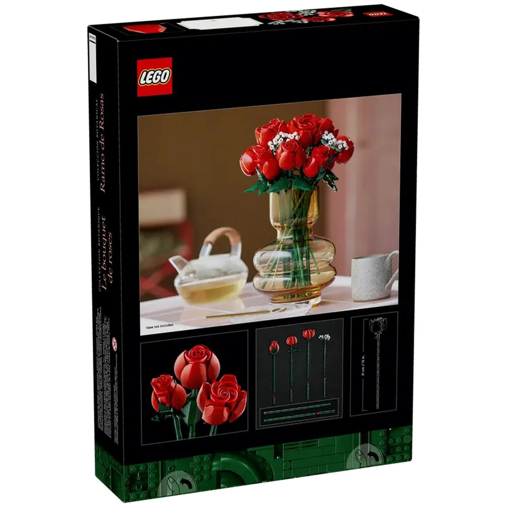 LEGO Icons Bouquet of Roses construction set displaying a vibrant arrangement of red roses in a glass vase, accompanied by baby’s breath, alongside a white teapot and cup on a table.