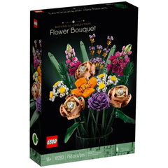 LEGO® Flower Bouquet construction set featuring vibrant, detailed flowers including pink roses, orange blooms, and green stems in a sleek black box.