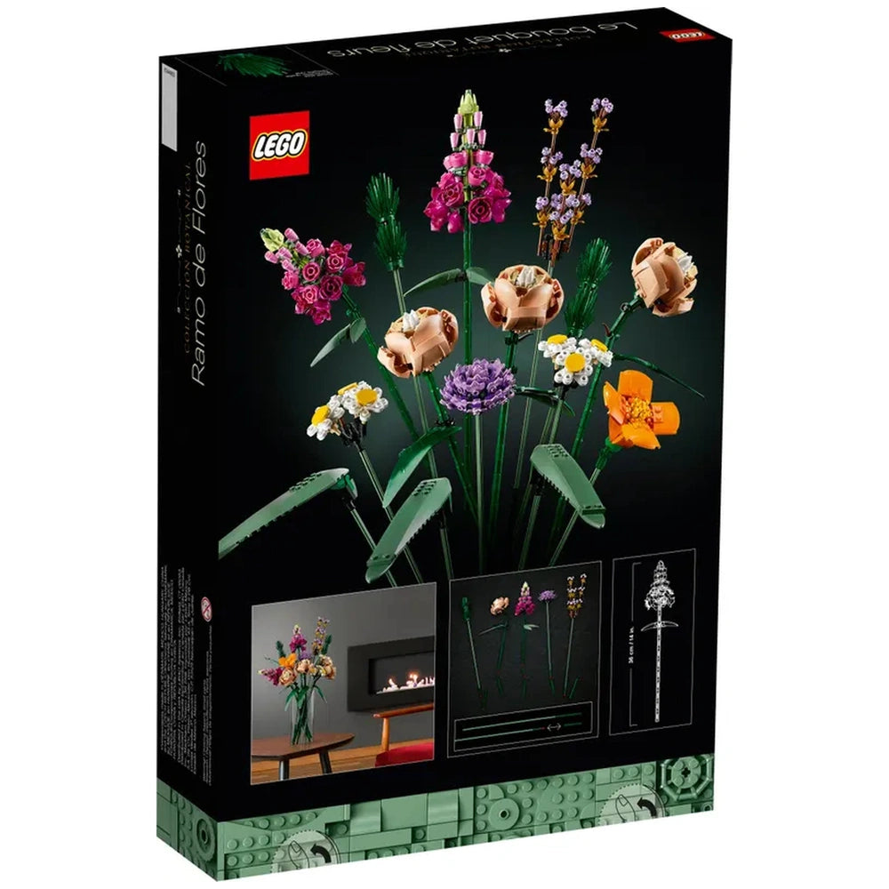 LEGO Flower Bouquet set showcasing colorful, detailed flowers including roses, snapdragons, and daisies displayed against a dark background.