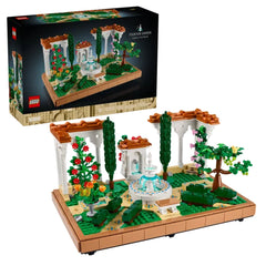 Lego Icons Fountain Garden construction set featuring a tiered fountain, ornate pathways, colorful flowers, and decorative pergolas.