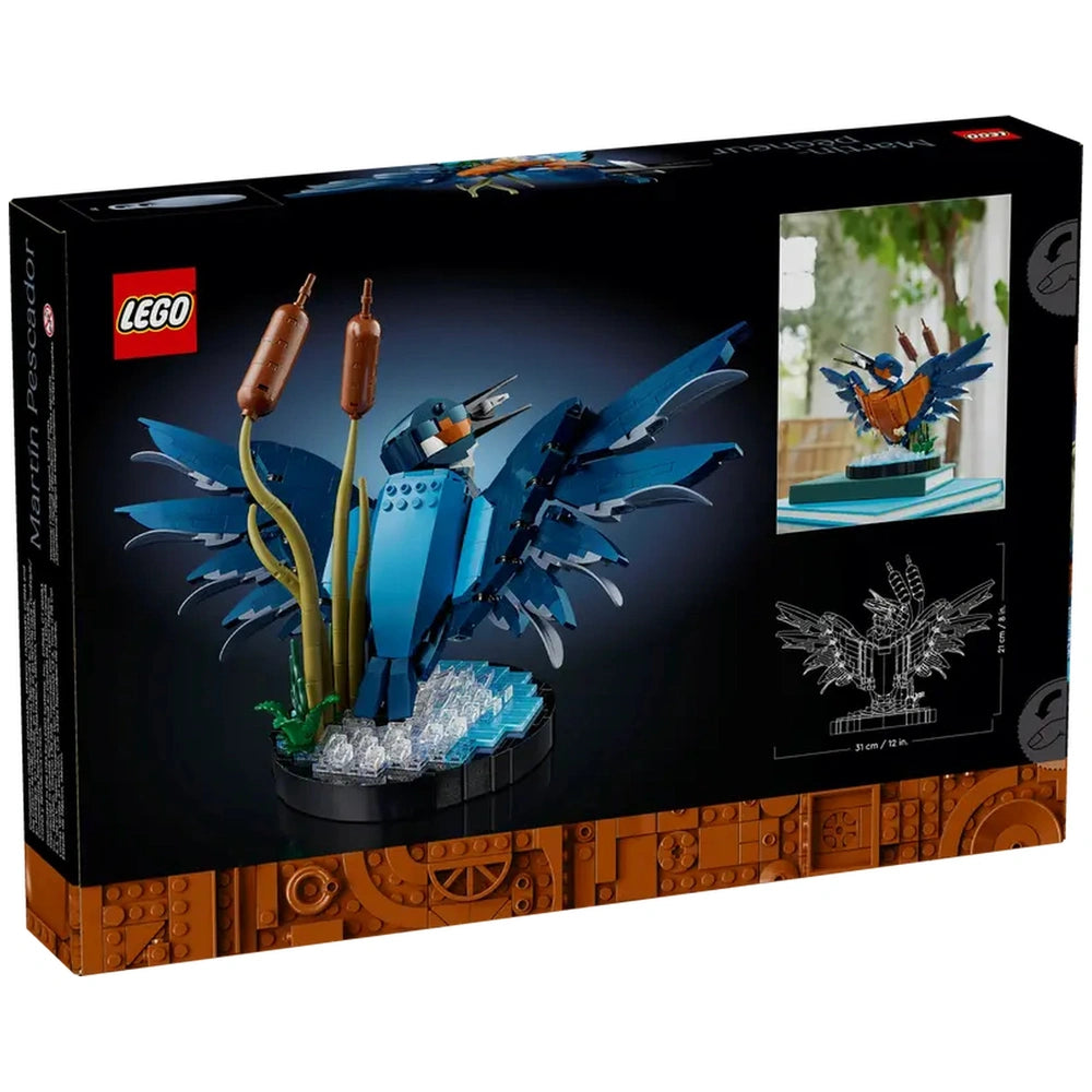 LEGO® Icons Kingfisher Bird set, featuring a vibrant blue bird with orange accents perched amidst buildable reeds and a water setting.