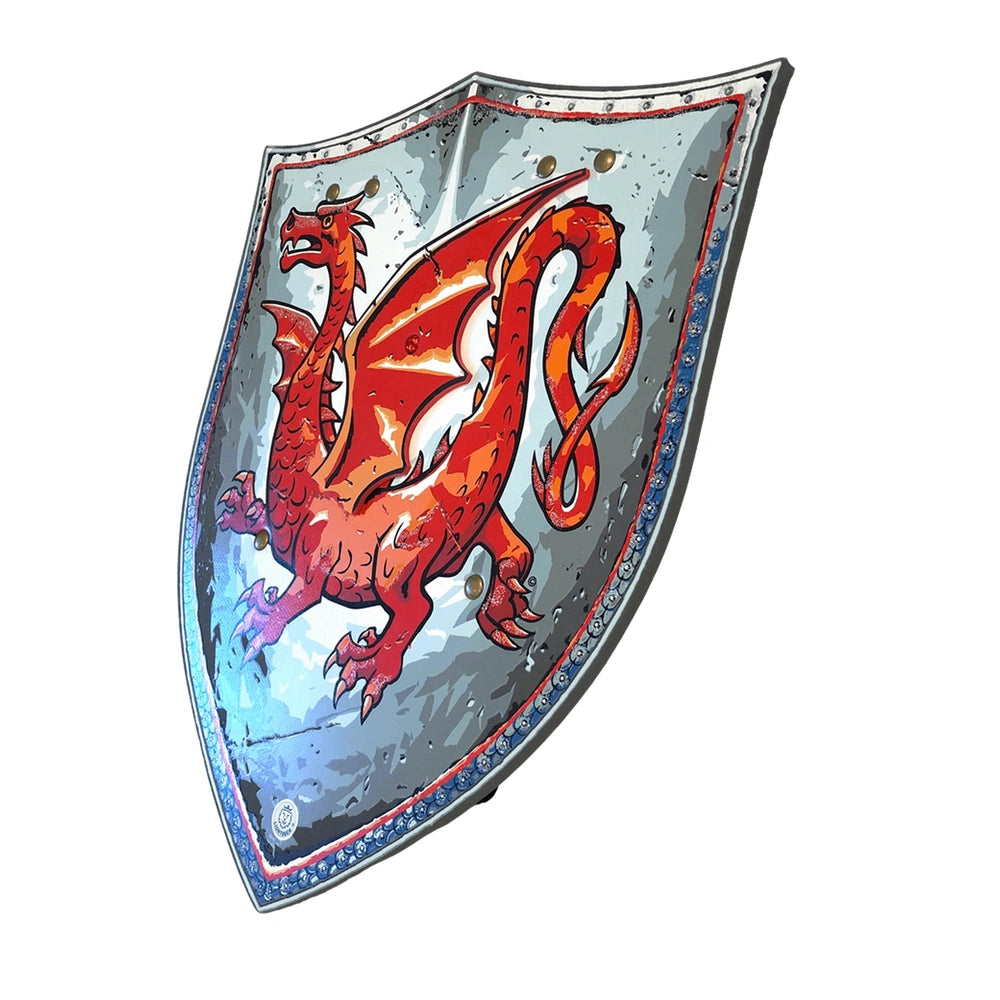 Amber Dragon Shield features a dynamic red and orange dragon with a blue border, set against a dark reflective background.