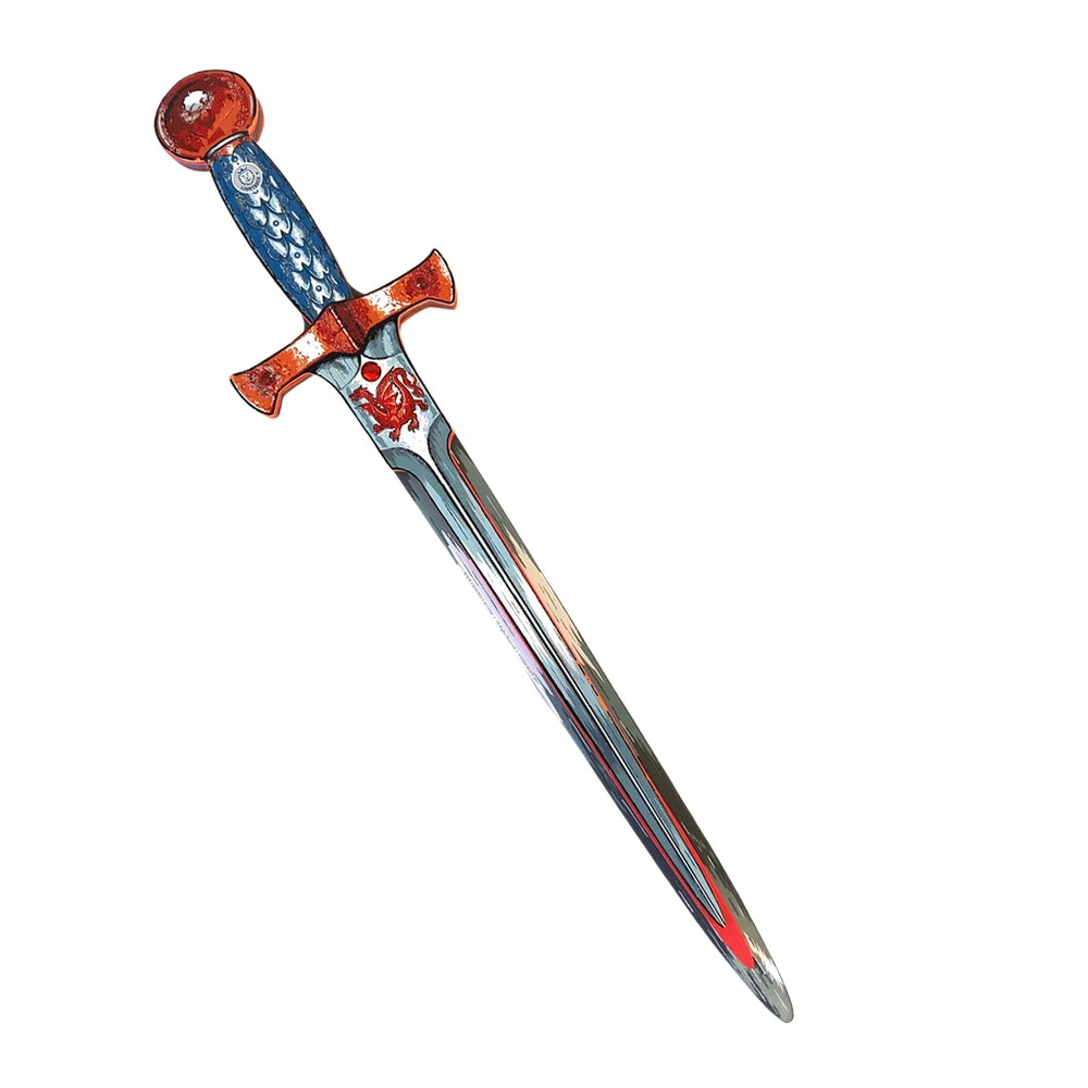Amber Dragon Sword with a red tip, blue blade, and silver handle, centered in a front view layout.
