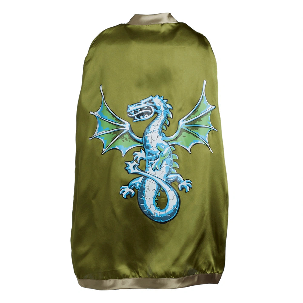 Dragon cape featuring a cartoonish light blue embroidered dragon on smooth satin fabric against a dark olive green background