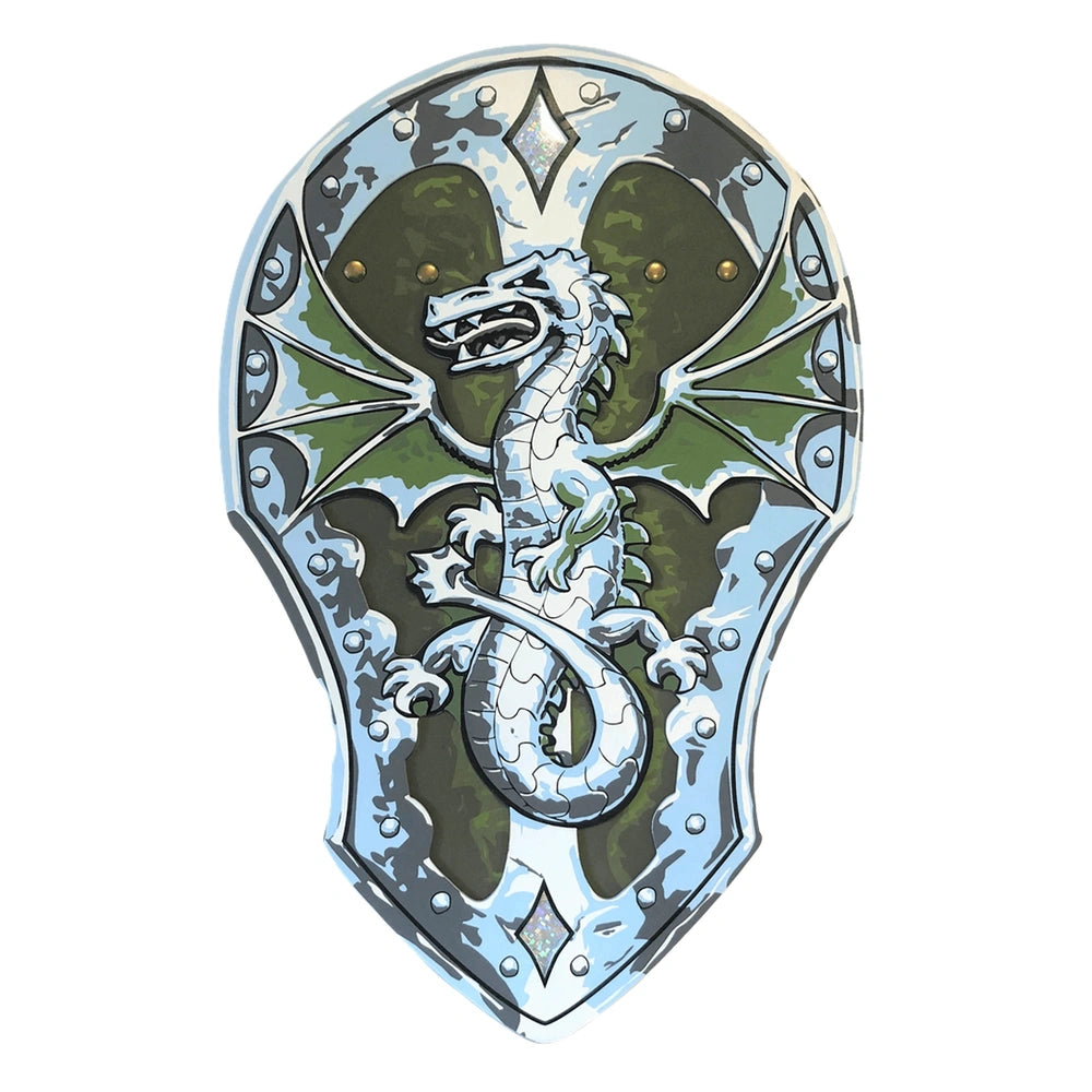 Liontouch Dragon Shield in metallic blue with a coiled green dragon, embellished silver border, on a plain white background.