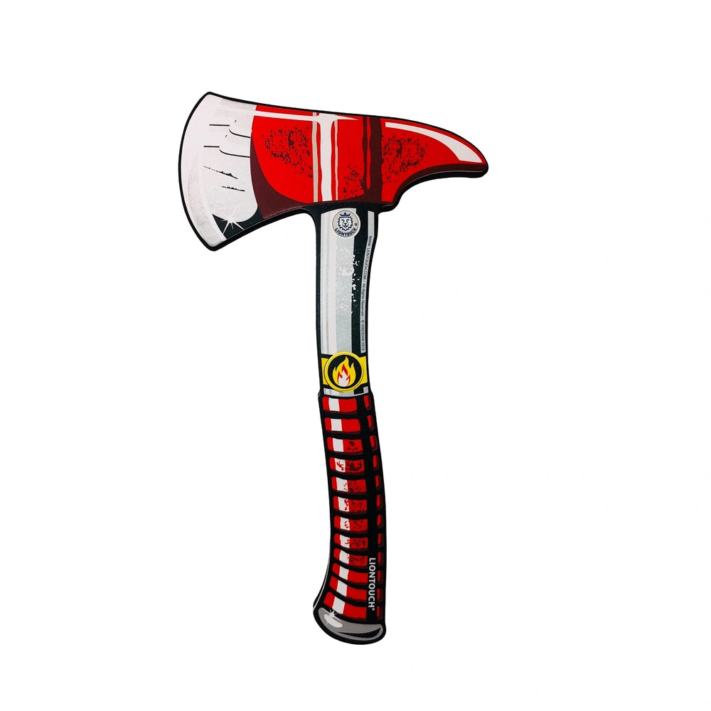 Liontouch Firefighter Hatchet in red and white with a black handle, designed for educational pretend play and role-playing.