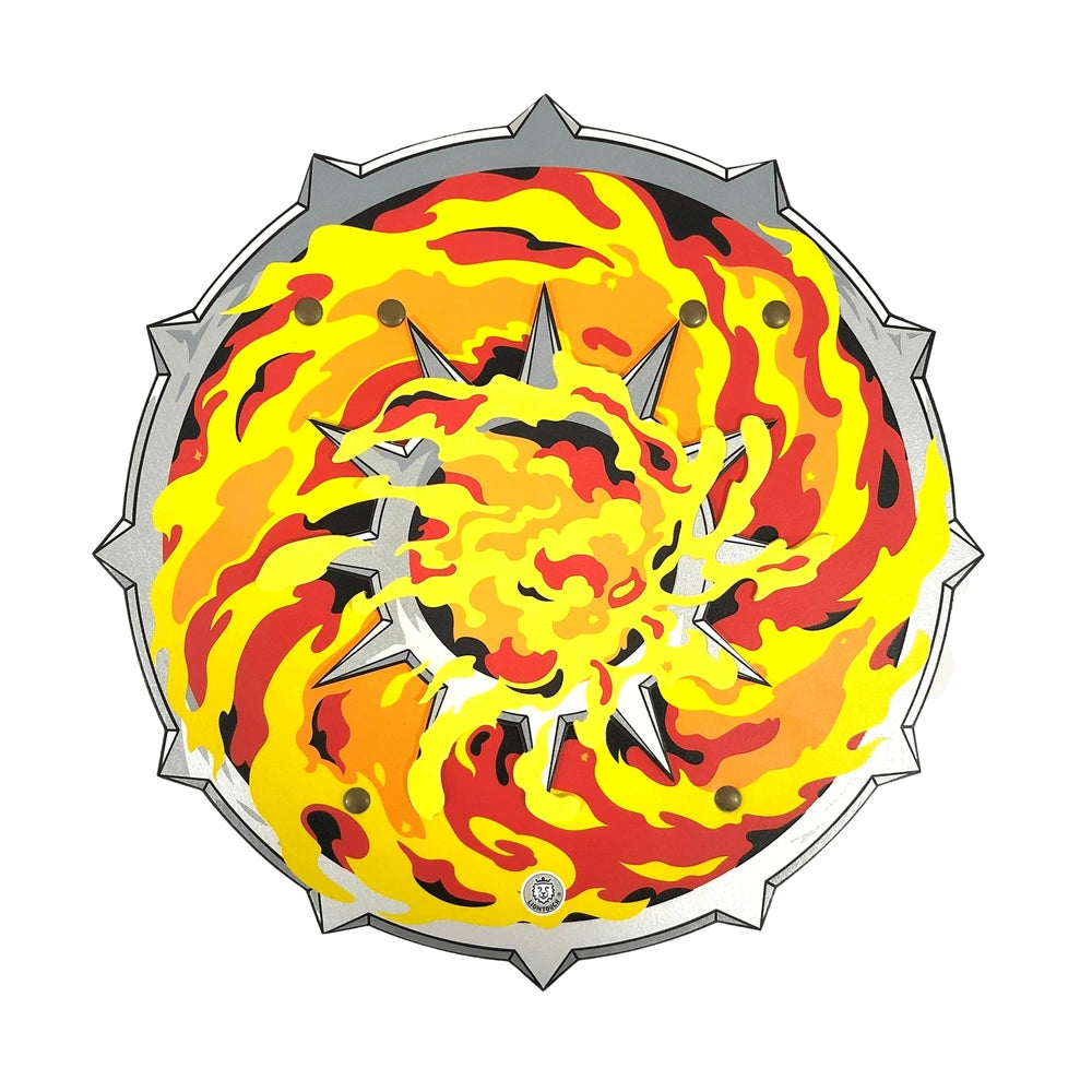 Liontouch Flame Shield features a central star-like design in yellow, red, orange, and black with a reflective metallic surfa