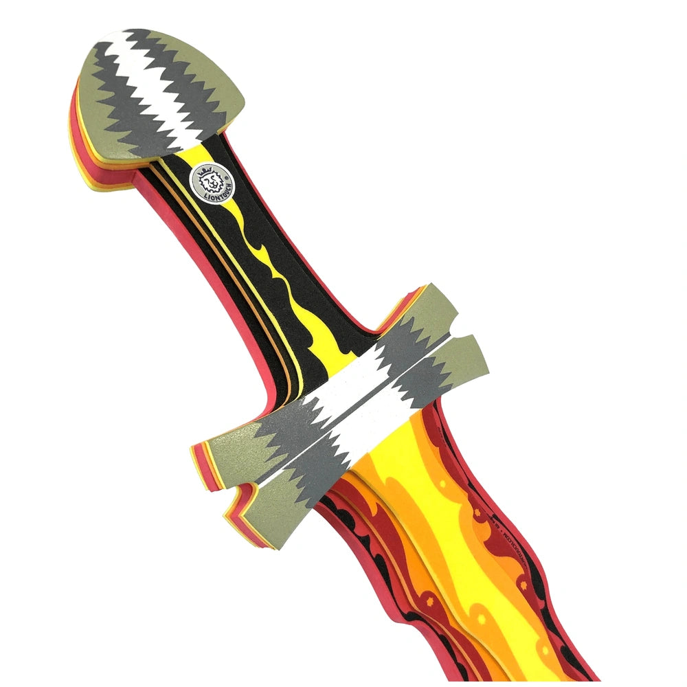Liontouch Flame Sword with glossy plastic and reflective metal, featuring yellow, red, black, gray, and orange colors.