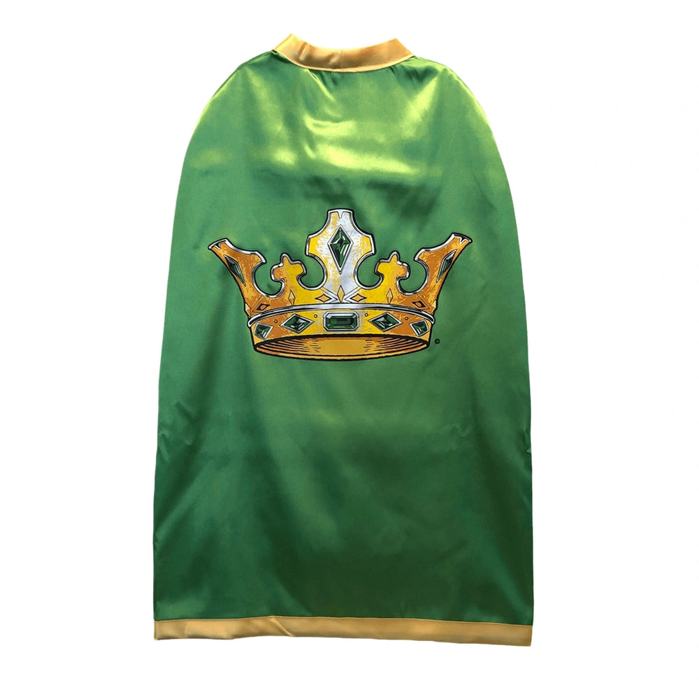 Kingmaker Cape in glossy green fabric with gold trim and crown graphic, ideal for pretend professions and role playing.