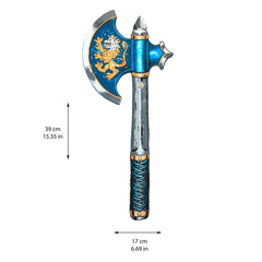 Liontouch Knight Axe in blue with gold emblem, featuring a silver blade and handle with blue and gold grip.