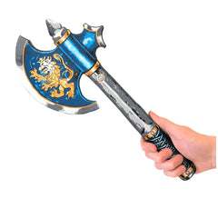Liontouch Knight Axe in blue with silver head, black handle, and gold accents, designed for pretend play and role-playing.